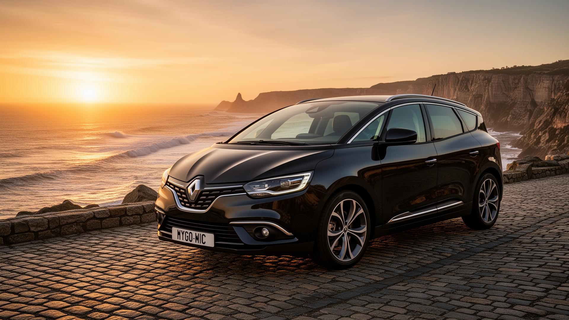 Black minivan on coastal road at sunset